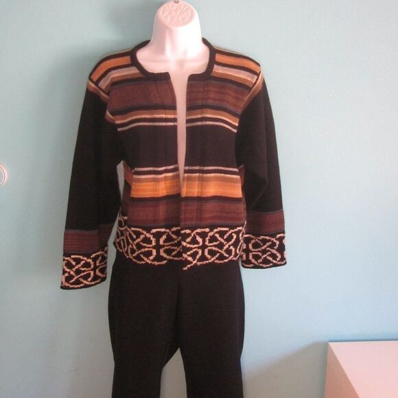 Bill Baber Handknit Edinburgh Scotland Brown Stripe Crop Cardigan Sweater Size M - Picture 11 of 12